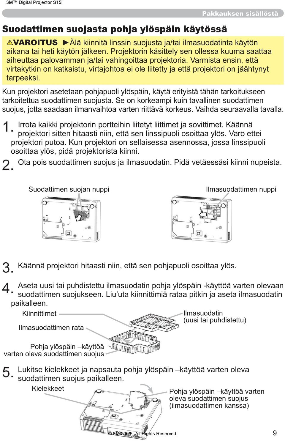 Varmista ensin, että virtakytkin on katkaistu, virtajohtoa ei ole liitetty ja että projektori on jäähtynyt tarpeeksi.