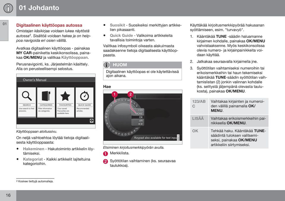 Suosikit - Suosikeiksi merkittyjen artikkelien pikasaanti. Quick Guide - Valikoima artikkeleita tavallisia toimintoja varten.