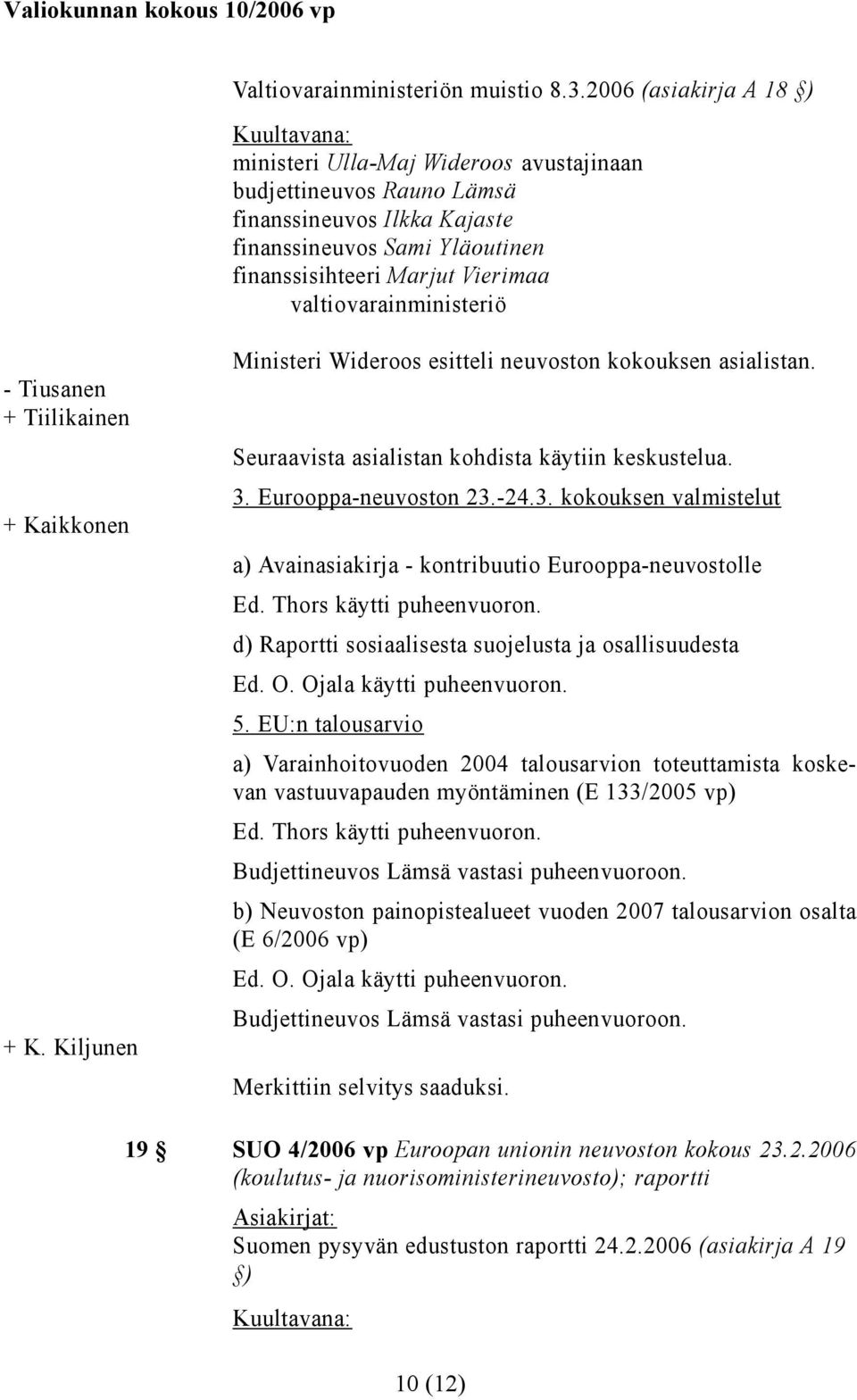 valtiovarainministeriö - Tiusanen + Tiilikainen + Kaikkonen + K. Kiljunen Ministeri Wideroos esitteli neuvoston kokouksen asialistan. Seuraavista asialistan kohdista käytiin keskustelua. 3.