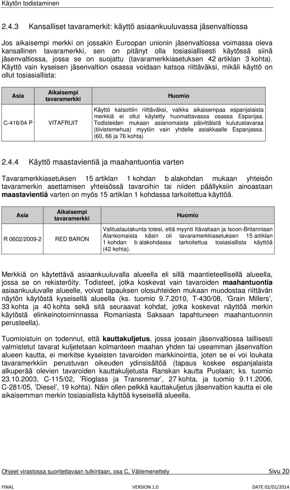 Käyttö vain kyseisen jäsenvaltion osassa voidaan katsoa riittäväksi, mikäli käyttö on ollut tosiasiallista: Asia C-416/04 P Aikaisempi tavaramerkki VITAFRUIT Huomio Käyttö katsottiin riittäväksi,