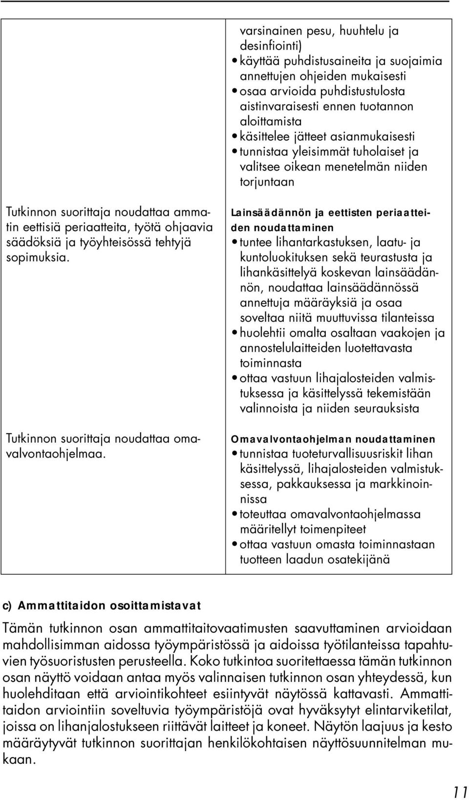 säädöksiä ja työyhteisössä tehtyjä sopimuksia. Tutkinnon suorittaja noudattaa omavalvontaohjelmaa.