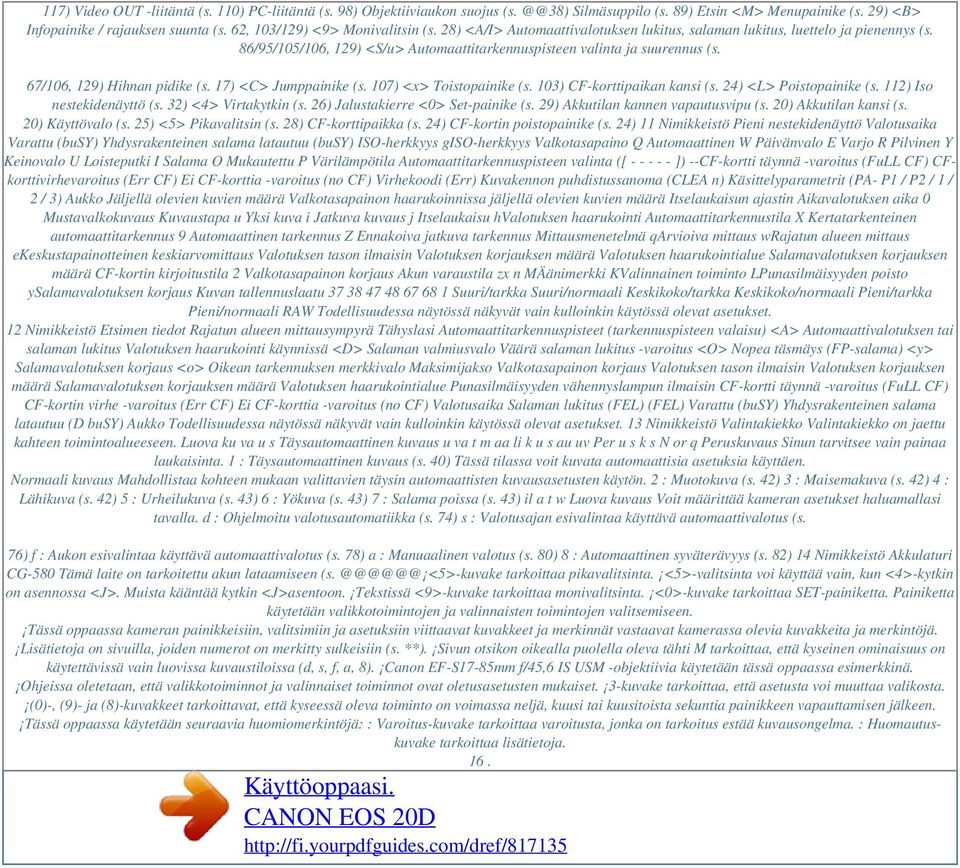 86/95/105/106, 129) <S/u> Automaattitarkennuspisteen valinta ja suurennus (s. 67/106, 129) Hihnan pidike (s. 17) <C> Jumppainike (s. 107) <x> Toistopainike (s. 103) CF-korttipaikan kansi (s.