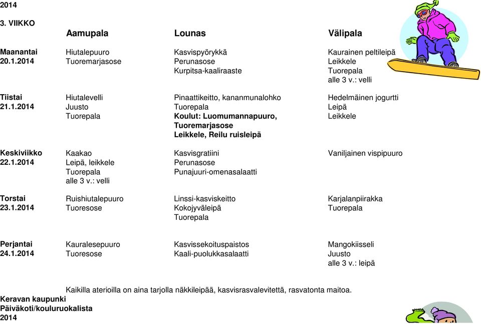 1. Juusto Leipä Koulut: Luomumannapuuro, Leikkele Tuoremarjasose Leikkele, Reilu ruisleipä Keskiviikko Kaakao Kasvisgratiini Vaniljainen vispipuuro 22.1. Leipä, leikkele Perunasose Punajuuri-omenasalaatti Torstai Ruishiutalepuuro Linssi-kasviskeitto Karjalanpiirakka 23.