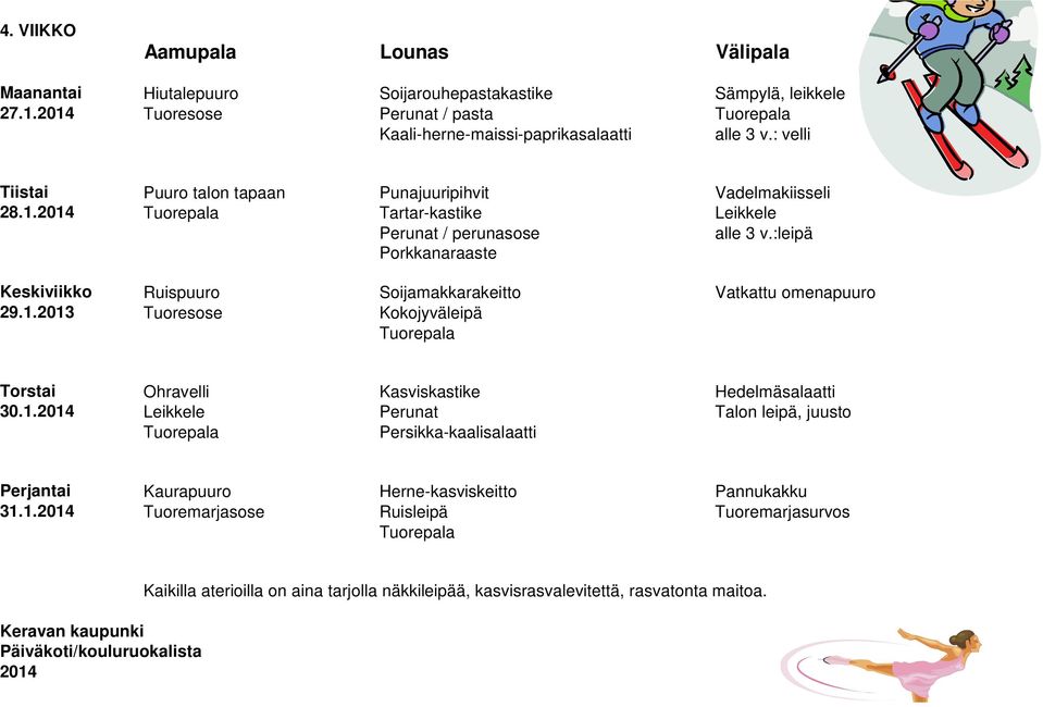 Tartar-kastike Leikkele Perunat / perunasose alle 3 v.:leipä Porkkanaraaste Keskiviikko Ruispuuro Soijamakkarakeitto Vatkattu omenapuuro 29.1.