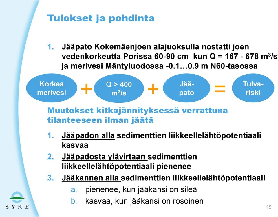 9 m N60-tasossa Korkea merivesi + Q > 400 + Jää- = m3 /s pato Tulvariski Muutokset kitkajännityksessä verrattuna tilanteeseen ilman jäätä 1.