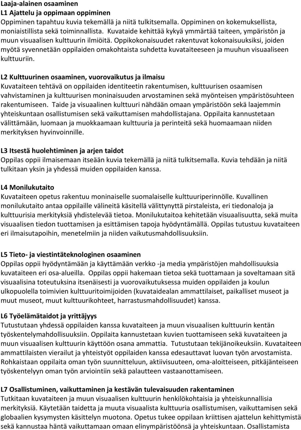 Oppikokonaisuudet rakentuvat kokonaisuuksiksi, joiden myötä syvennetään oppilaiden omakohtaista suhdetta kuvataiteeseen ja muuhun visuaaliseen kulttuuriin.