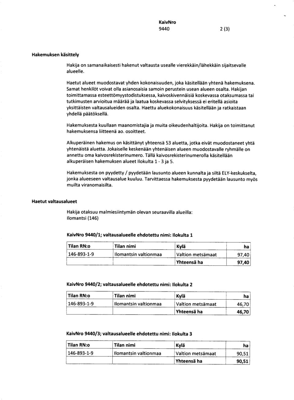 Hakijan toimittamassa esteettömyystodistuksessa, kaivoskivennäisiä koskevassa otaksumassa tai tutkimusten arvioitua määrää ja laatua koskevassa selvityksessä ei eritellä asioita yksittäisten