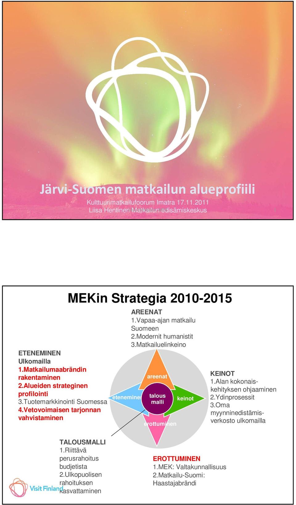 Alueiden strateginen profilointi 3.Tuotemarkkinointi Suomessa 4.Vetovoimaisen tarjonnan vahvistaminen eteneminen AREENAT 1.Vapaa-ajan matkailu Suomeen 2.Modernit humanistit 3.