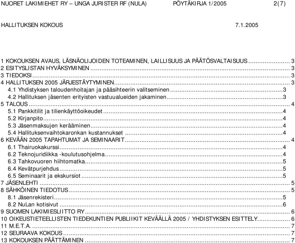 ..4 6 KEVÄÄN 2005 TAPAHTUMAT JA SEMINAARIT... 4 6.1 Thairuokakurssi...4 6.2 Teknojuridiikka -koulutusohjelma...4 6.3 Tahkovuoren hiihtomatka...5 6.4 Kevätpurjehdus...5 6.5 Seminaarit ja ekskursiot.