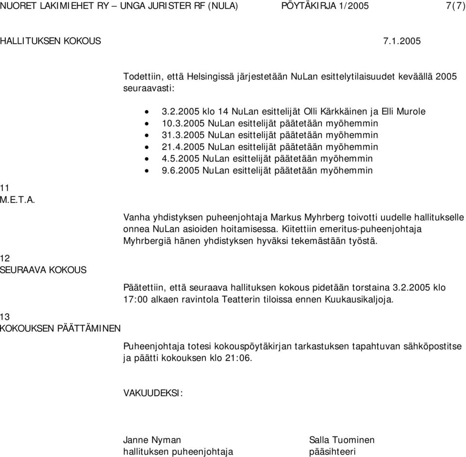 2005 NuLan esittelijät päätetään myöhemmin Vanha yhdistyksen puheenjohtaja Markus Myhrberg toivotti uudelle hallitukselle onnea NuLan asioiden hoitamisessa.