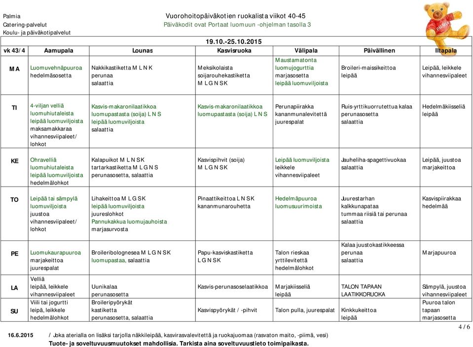 2015 vk 43/4 Aamupala Lounas Kasvisruoka Välipala Päivällinen Iltapala vehnäpuuroa Nakkikastiketta M L N K Meksikolaista soijarouhekastiketta M Maustamatonta luomujogurttia Broileri-maissikeittoa