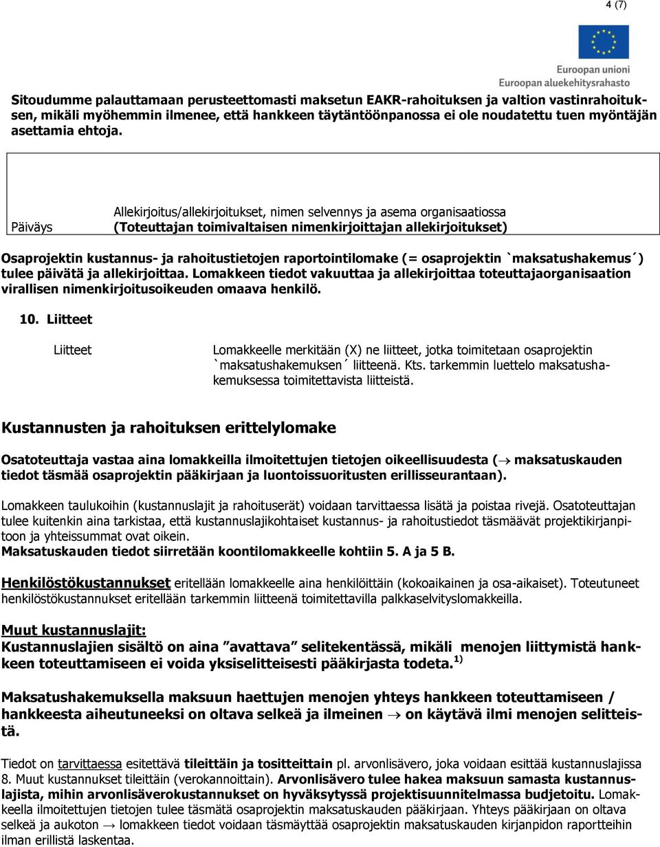 Päiväys Allekirjoitus/allekirjoitukset, nimen selvennys ja asema organisaatiossa (Toteuttajan toimivaltaisen nimenkirjoittajan allekirjoitukset) Osaprojektin kustannus- ja rahoitustietojen