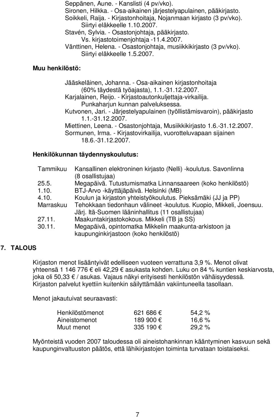 Siirtyi eläkkeelle 1.5.2007. Jääskeläinen, Johanna. - Osa-aikainen kirjastonhoitaja (60% täydestä työajasta), 1.1.-31.12.2007. Karjalainen, Reijo. - Kirjastoautonkuljettaja-virkailija.