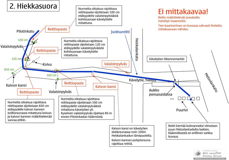 mitattuna koivun ja kaivon kannen määrittelemää suoraa pitkin. Kaivon kansi reittiopaste sijoitetaan 360 cm mitattuna kävelytien yli.