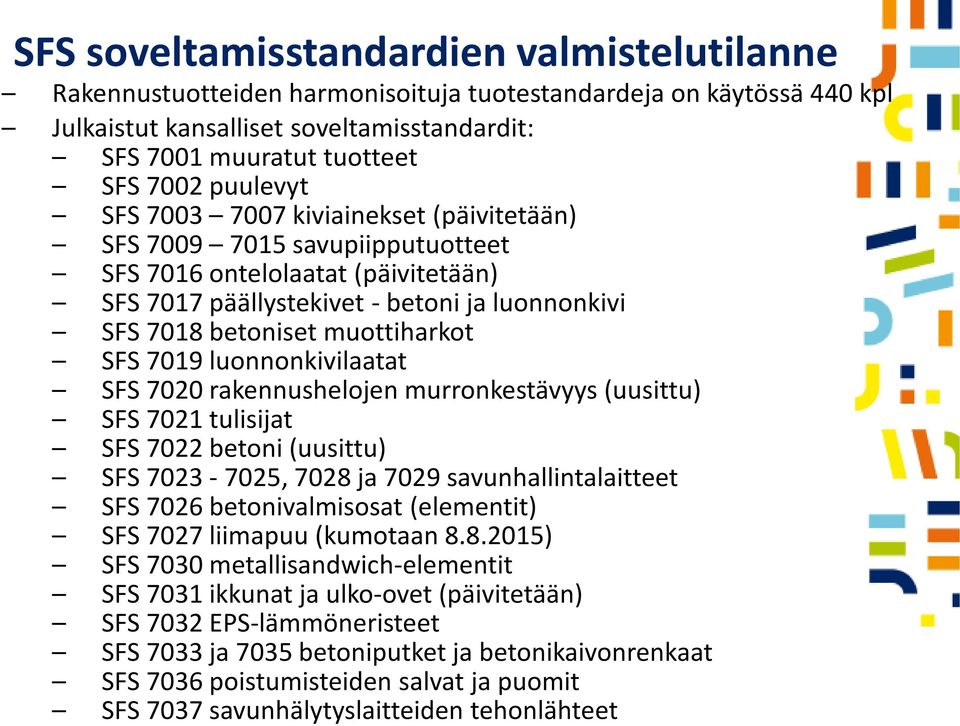 SFS 7019 luonnonkivilaatat SFS 7020 rakennushelojen murronkestävyys (uusittu) SFS 7021 tulisijat SFS 7022 betoni (uusittu) SFS 7023-7025, 7028 ja 7029 savunhallintalaitteet SFS 7026 betonivalmisosat