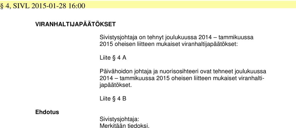 Liite 4 A Päivähoidon johtaja ja nuorisosihteeri ovat tehneet joulukuussa 2014