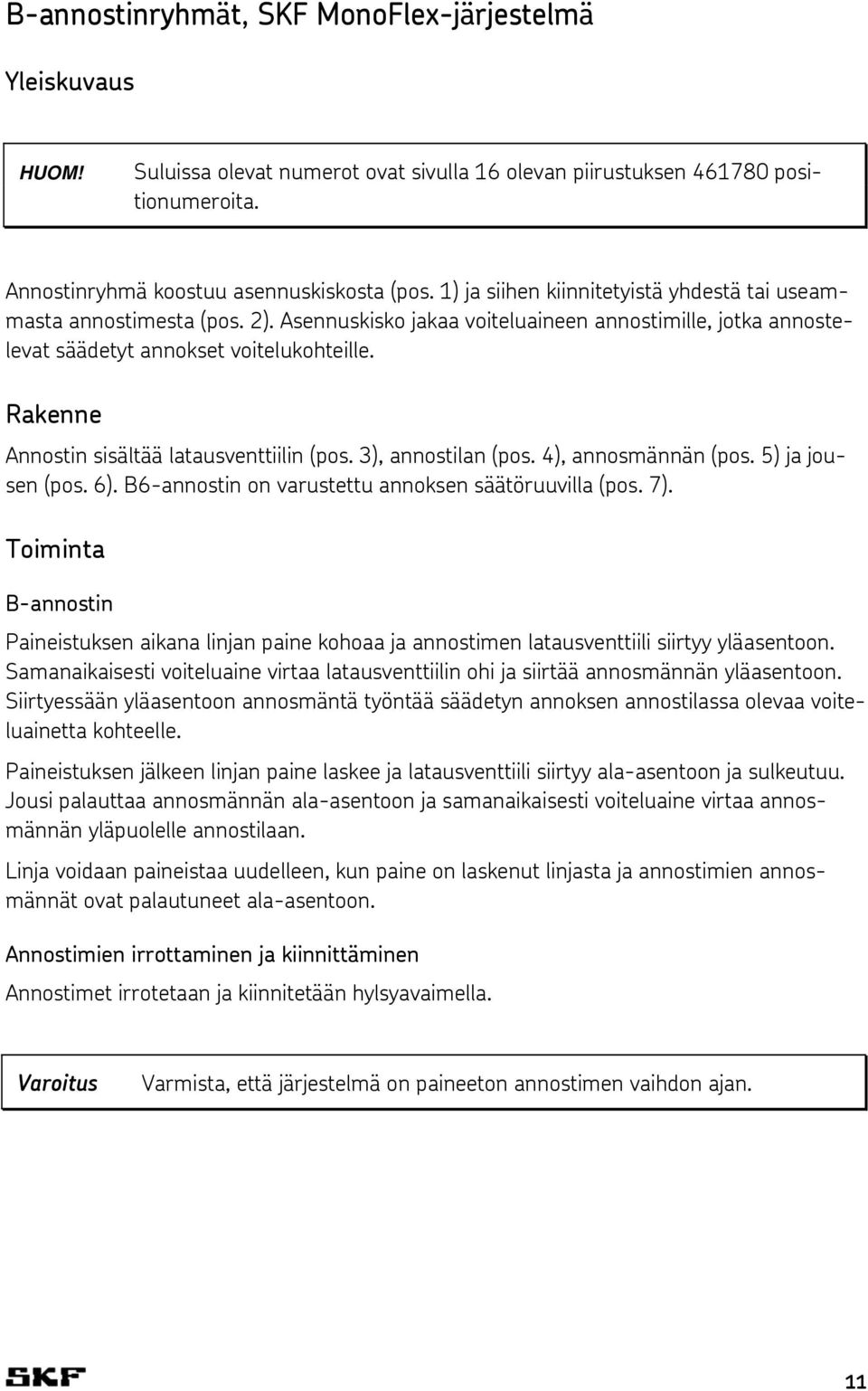 Rakenne Annostin sisältää latausventtiilin (pos. 3), annostilan (pos. 4), annosmännän (pos. 5) ja jousen (pos. 6). B6-annostin on varustettu annoksen säätöruuvilla (pos. 7).
