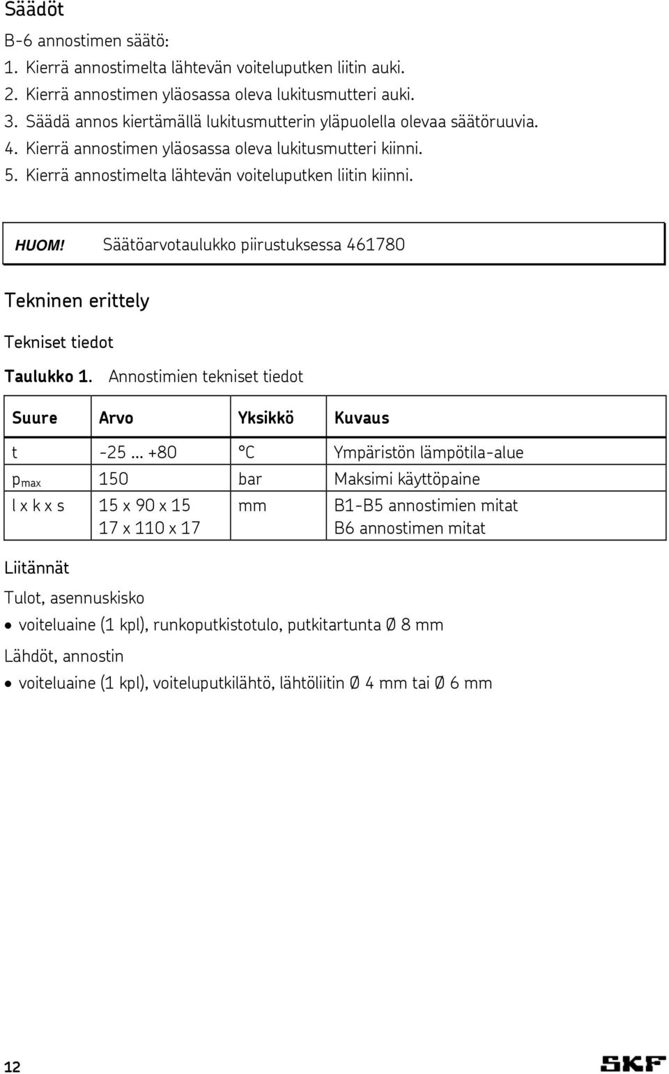 Säätöarvotaulukko piirustuksessa 461780 Tekninen erittely Tekniset tiedot Taulukko 1.