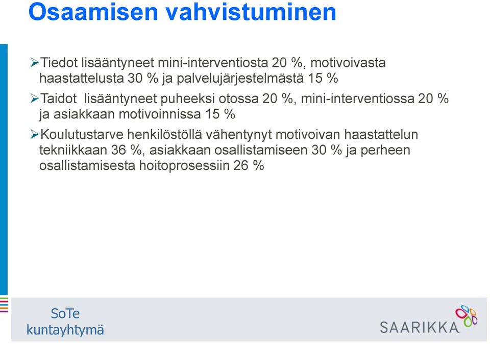 20 % ja asiakkaan motivoinnissa 15 % Koulutustarve henkilöstöllä vähentynyt motivoivan