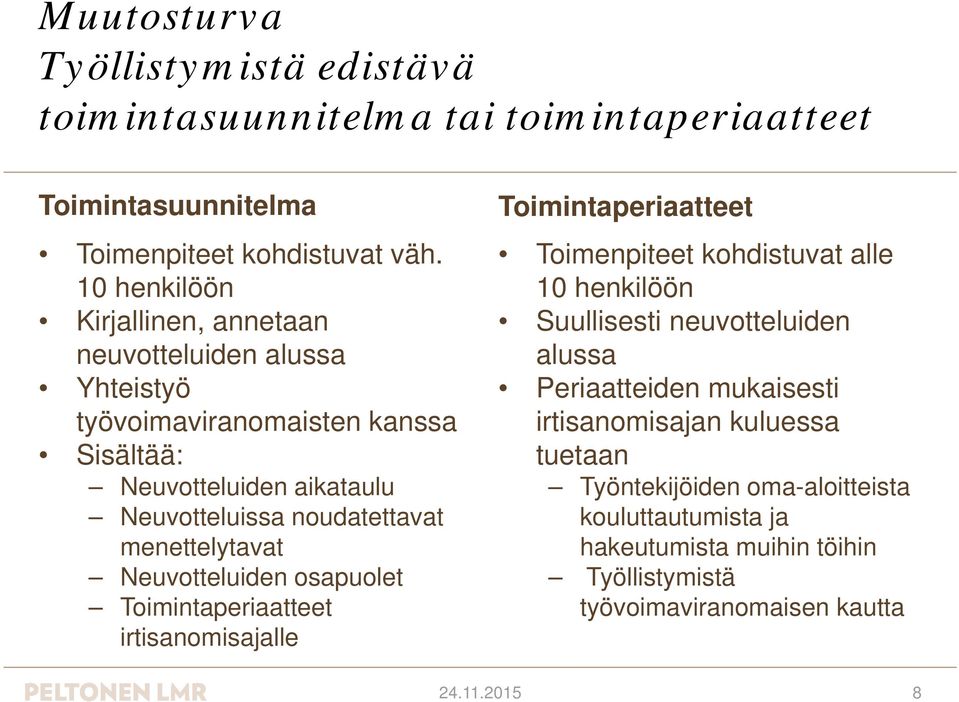 menettelytavat t t Neuvotteluiden osapuolet Toimintaperiaatteet irtisanomisajalle Toimintaperiaatteet Toimenpiteet kohdistuvat alle 10 henkilöön Suullisesti