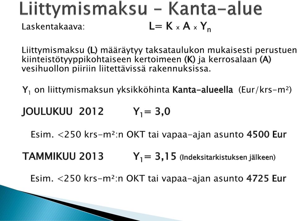 Y 1 on liittymismaksun yksikköhinta Kanta-alueella (Eur/krs-m²) JOULUKUU 2012 Y 1 = 3,0 Esim.