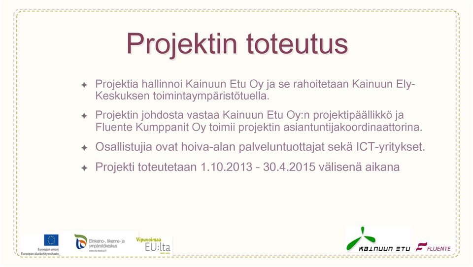 Projektin johdosta vastaa Kainuun Etu Oy:n projektipäällikkö ja Fluente Kumppanit Oy toimii