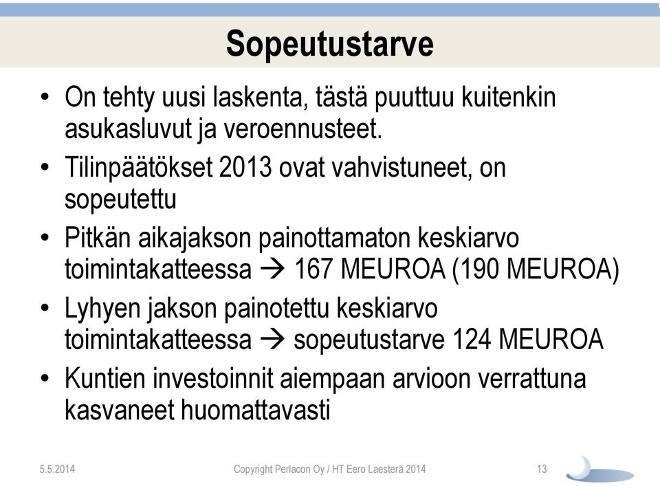 toimintakatteessa 167 MEUROA (190 MEUROA) Lyhyen jakson painotettu keskiarvo toimintakatteessa sopeutustarve