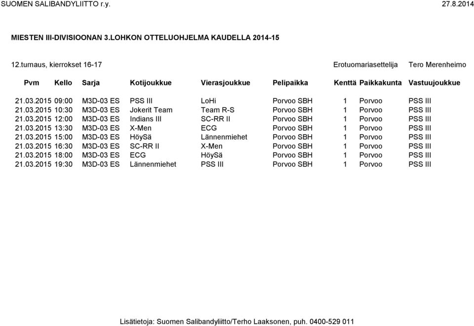 03.2015 16:30 M3D-03 ES SC-RR II X-Men Porvoo SBH 1 Porvoo PSS III 21.03.2015 18:00 M3D-03 ES ECG HöySä Porvoo SBH 1 Porvoo PSS III 21.03.2015 19:30 M3D-03 ES Lännenmiehet PSS III Porvoo SBH 1 Porvoo PSS III