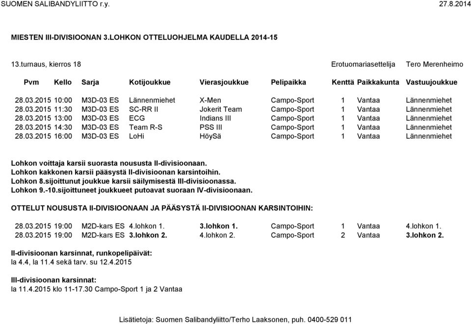 Lohkon kakkonen karsii pääsystä II-divisioonan karsintoihin. Lohkon 8.sijoittunut joukkue karsii säilymisestä III-divisioonassa. Lohkon 9.-10.sijoittuneet joukkueet putoavat suoraan IV-divisioonaan.