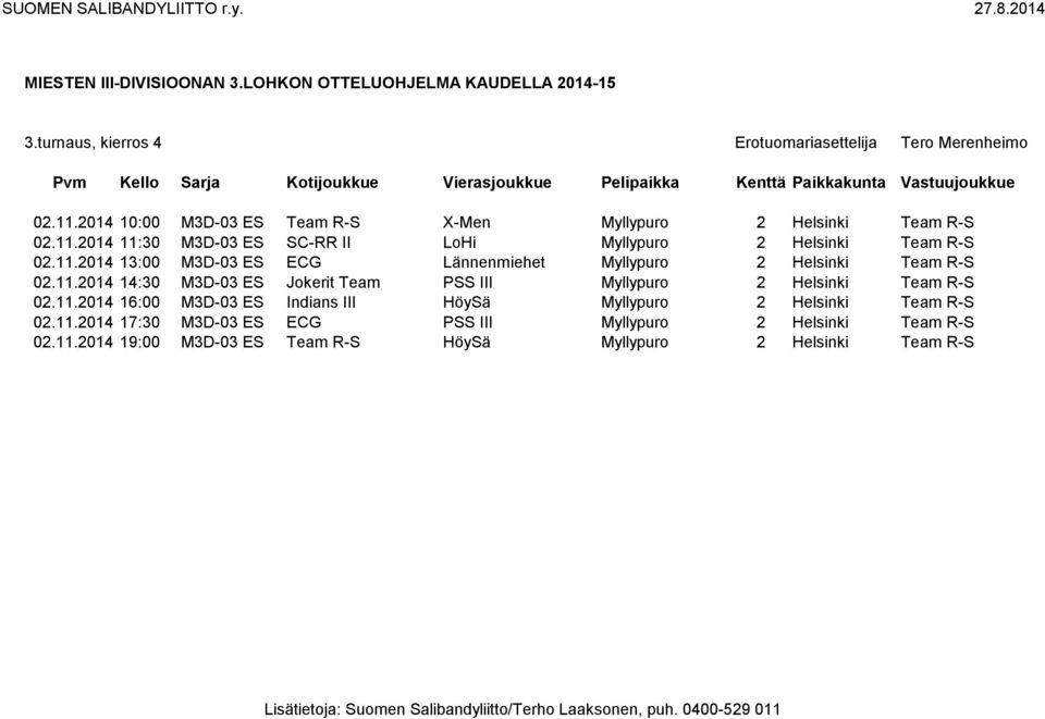 11.2014 16:00 M3D-03 ES Indians III HöySä Myllypuro 2 Helsinki Team R-S 02.11.2014 17:30 M3D-03 ES ECG PSS III Myllypuro 2 Helsinki Team R-S 02.