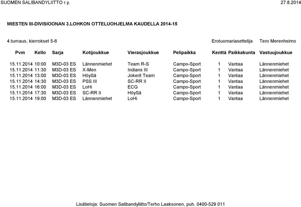 11.2014 16:00 M3D-03 ES LoHi ECG Campo-Sport 1 Vantaa Lännenmiehet 15.11.2014 17:30 M3D-03 ES SC-RR II HöySä Campo-Sport 1 Vantaa Lännenmiehet 15.11.2014 19:00 M3D-03 ES Lännenmiehet LoHi Campo-Sport 1 Vantaa Lännenmiehet