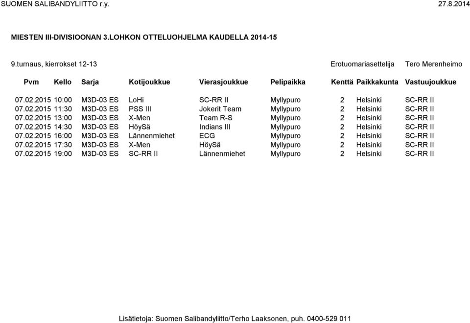 02.2015 16:00 M3D-03 ES Lännenmiehet ECG Myllypuro 2 Helsinki SC-RR II 07.02.2015 17:30 M3D-03 ES X-Men HöySä Myllypuro 2 Helsinki SC-RR II 07.02.2015 19:00 M3D-03 ES SC-RR II Lännenmiehet Myllypuro 2 Helsinki SC-RR II