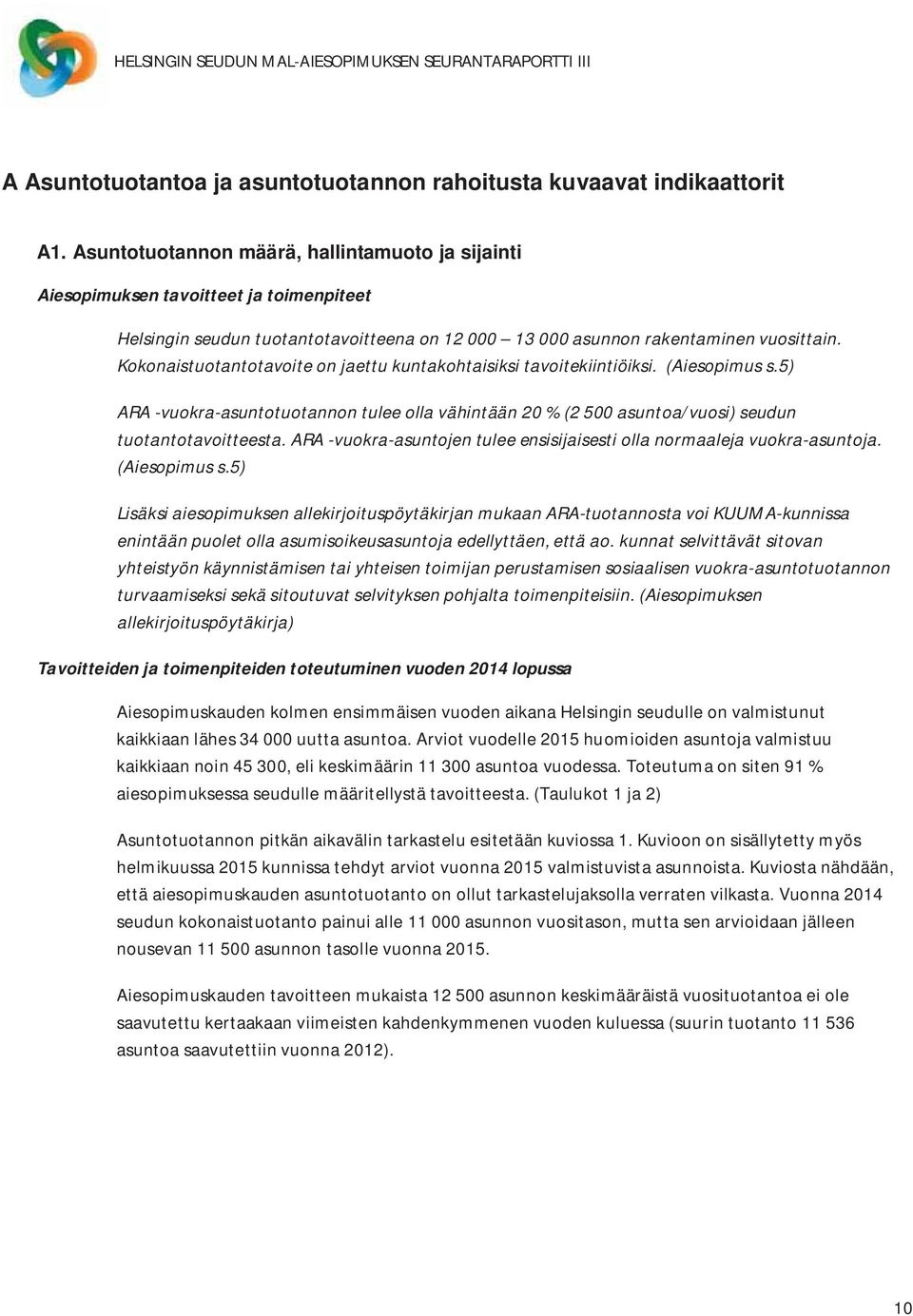 Kokonaistuotantotavoite on jaettu kuntakohtaisiksi tavoitekiintiöiksi. (Aiesopimus s.5) ARA -vuokra-asuntotuotannon tulee olla vähintään 20 % (2 500 asuntoa/vuosi) seudun tuotantotavoitteesta.