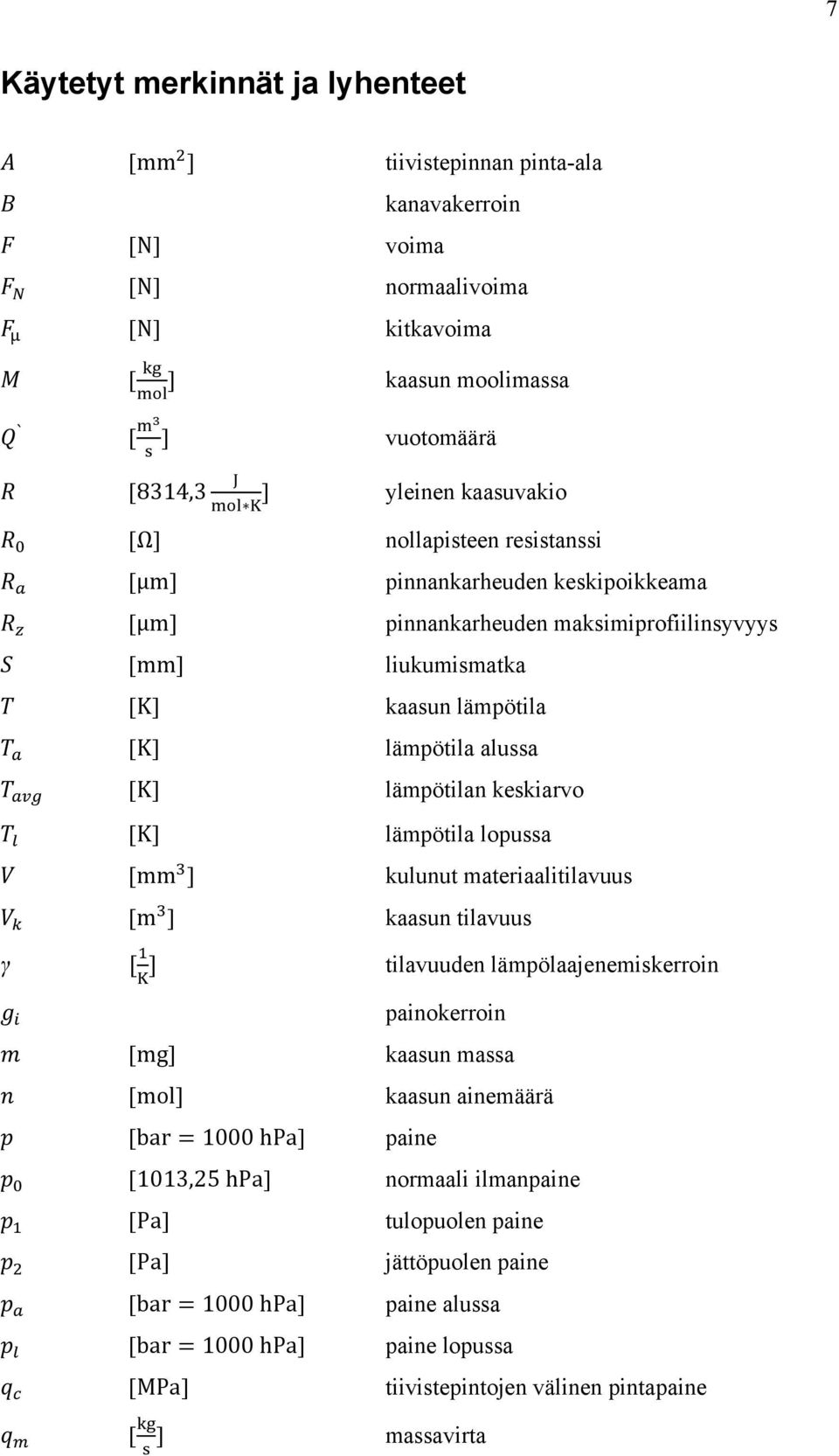 alussa [ ] lämpötilan keskiarvo [ ] lämpötila lopussa [ ] kulunut materiaalitilavuus [ ] kaasun tilavuus γ tilavuuden lämpölaajenemiskerroin painokerroin [ ] kaasun massa [ ]