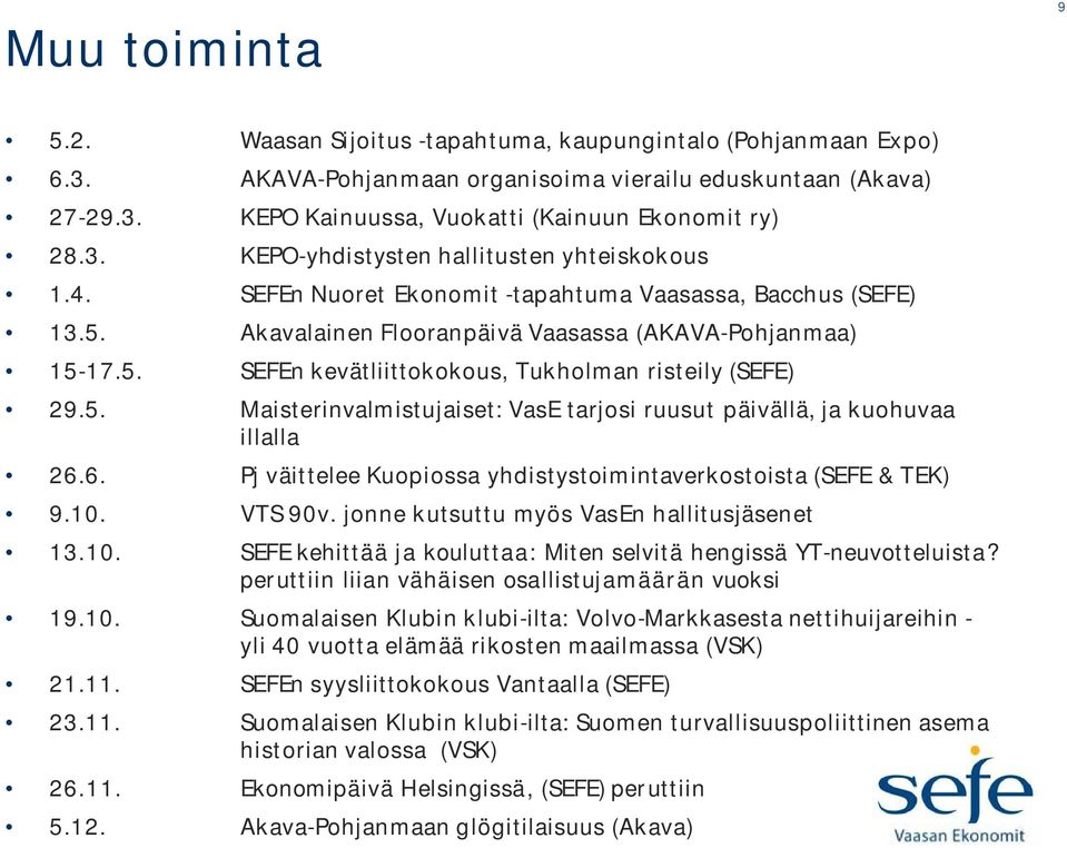 5. Maisterinvalmistujaiset: VasE tarjosi ruusut päivällä, ja kuohuvaa illalla 26.6. Pj väittelee Kuopiossa yhdistystoimintaverkostoista (SEFE & TEK) 9.10. VTS 90v.