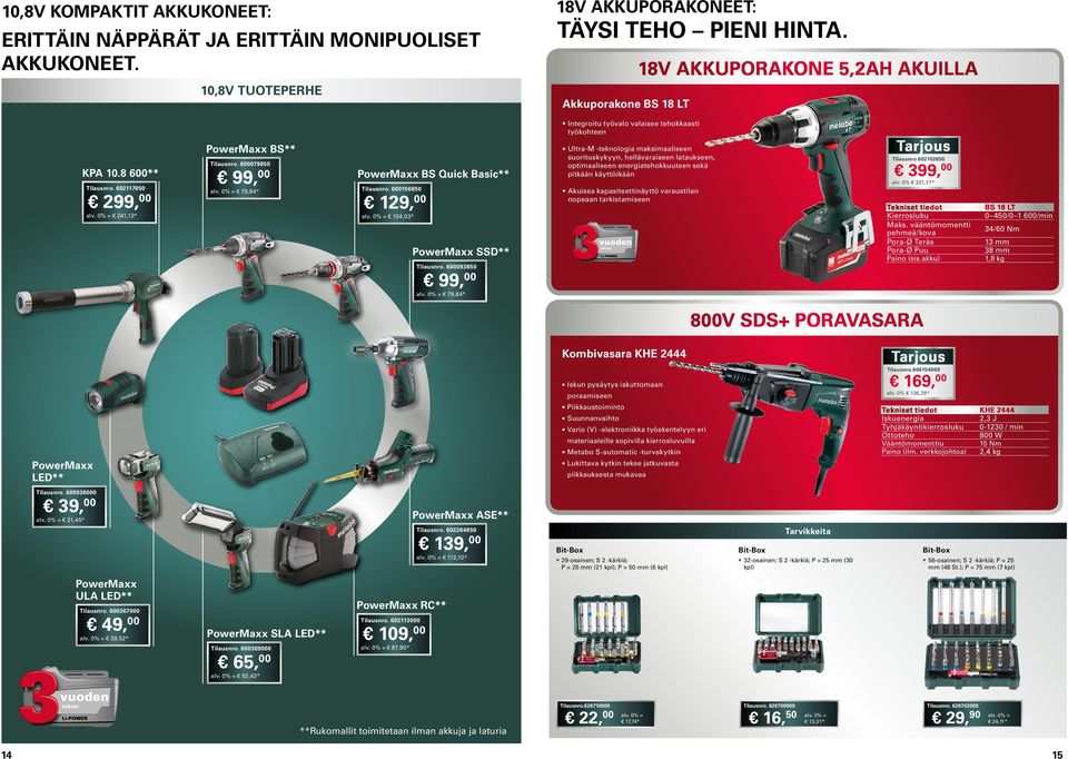 8 600** PowerMaxx BS** 600079850 99, 00 602117850 299, 00 79,84* 241,13* PowerMaxx BS Quick Basic** 600156850 129, 00 104,03* PowerMaxx SSD** 600093850 99, 00 79,84* n Integroitu työvalo valaisee