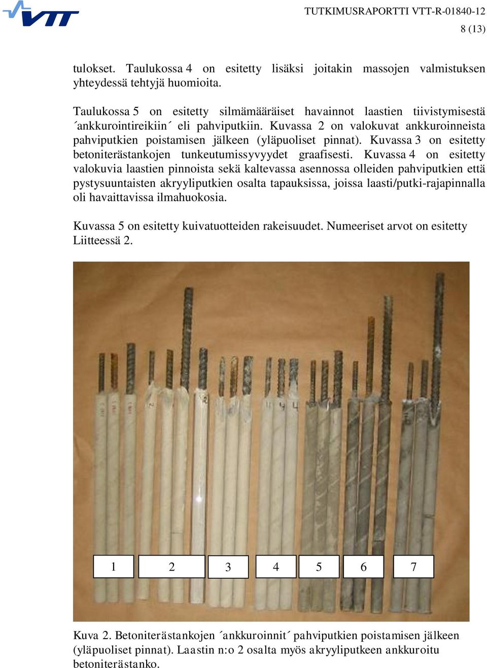 Kuvassa 2 on valokuvat ankkuroinneista pahviputkien poistamisen jälkeen (yläpuoliset pinnat). Kuvassa 3 on esitetty betoniterästankojen tunkeutumissyvyydet graafisesti.