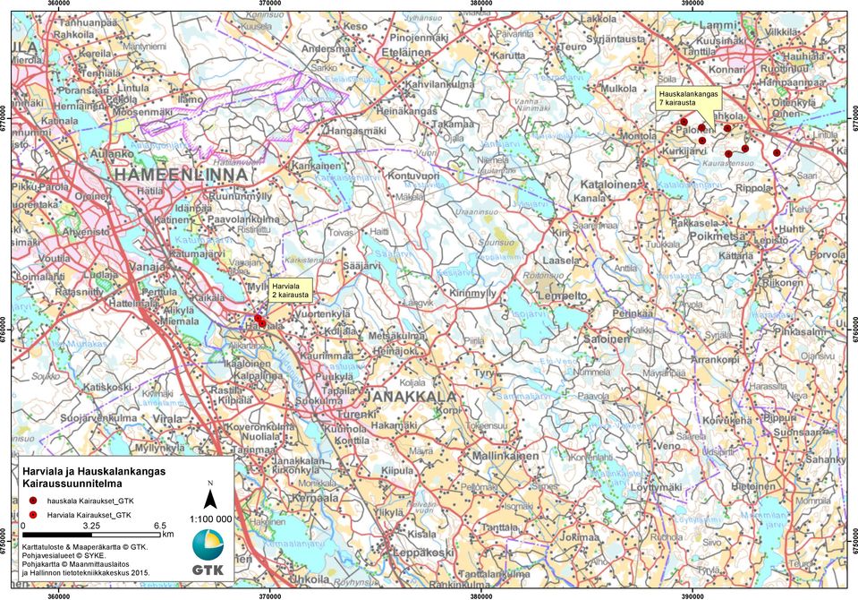 Kairaukset_GTK 0 3.25 6.5 km Karttatuloste & Maaperäkartta GTK. Pohjavesialueet SYKE.