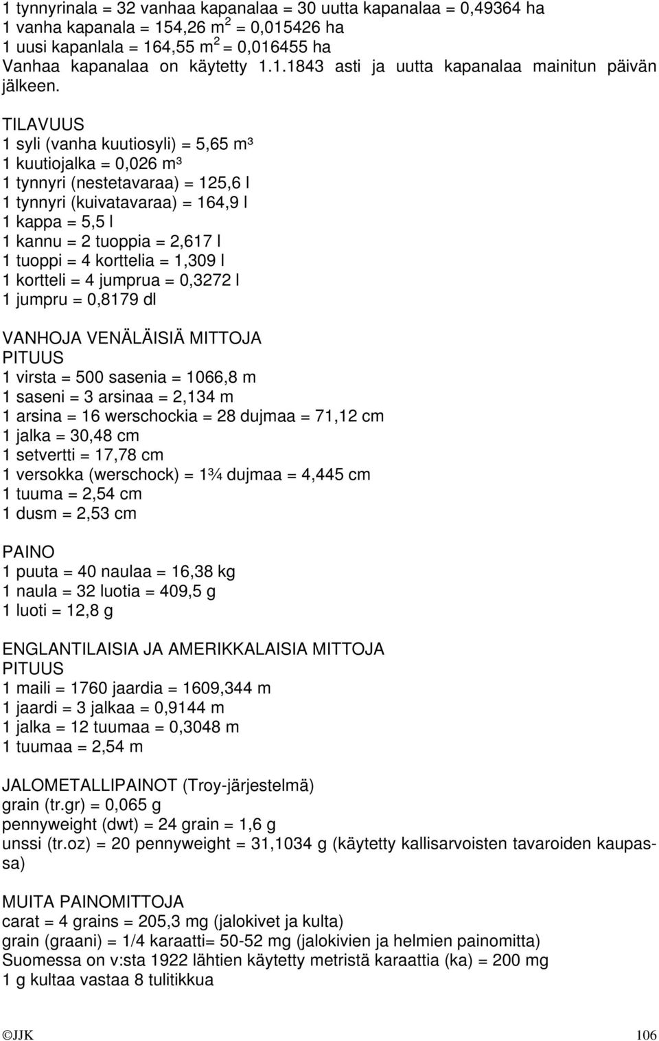 korttelia = 1,309 l 1 kortteli = 4 jumprua = 0,3272 l 1 jumpru = 0,8179 dl VANHOJA VENÄLÄISIÄ MITTOJA PITUUS 1 virsta = 500 sasenia = 1066,8 m 1 saseni = 3 arsinaa = 2,134 m 1 arsina = 16 werschockia