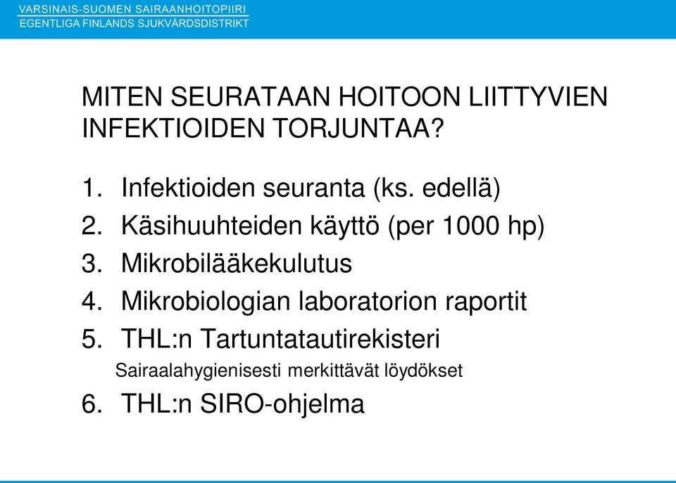 Käsihuuhteiden käyttö (per 1000 hp) 3. Mikrobilääkekulutus 4.