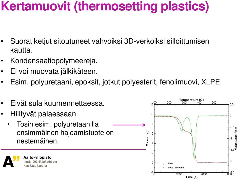 polyuretaani, epoksit, jotkut polyesterit, fenolimuovi, XLPE Eivät sula kuumennettaessa.