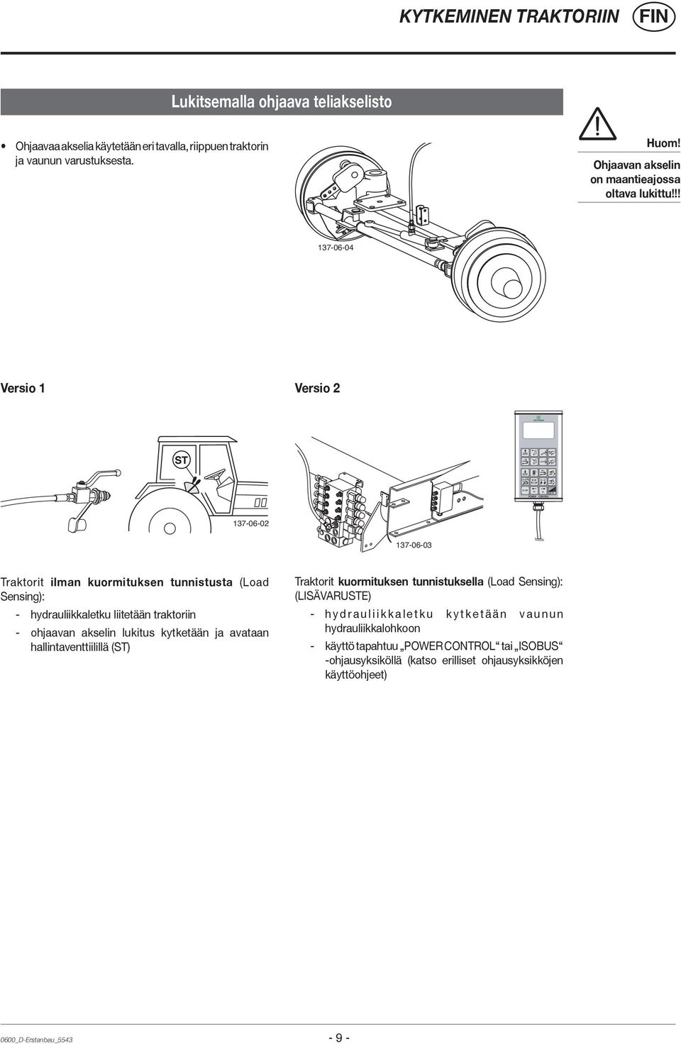 !! 137-06-04 Versio 1 Versio 2 137-06-02 137-06-03 Traktorit ilman kuormituksen tunnistusta (Load Sensing): - hydrauliikkaletku liitetään traktoriin - ohjaavan akselin lukitus