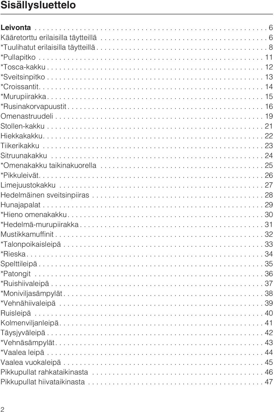 ..27 Hedelmäinen sveitsinpiiras...28 Hunajapalat...29 *Hieno omenakakku....30 *Hedelmä-murupiirakka...31 Mustikkamuffinit...32 *Talonpoikaisleipä...33 *Rieska....34 Spelttileipä...35 *Patongit.