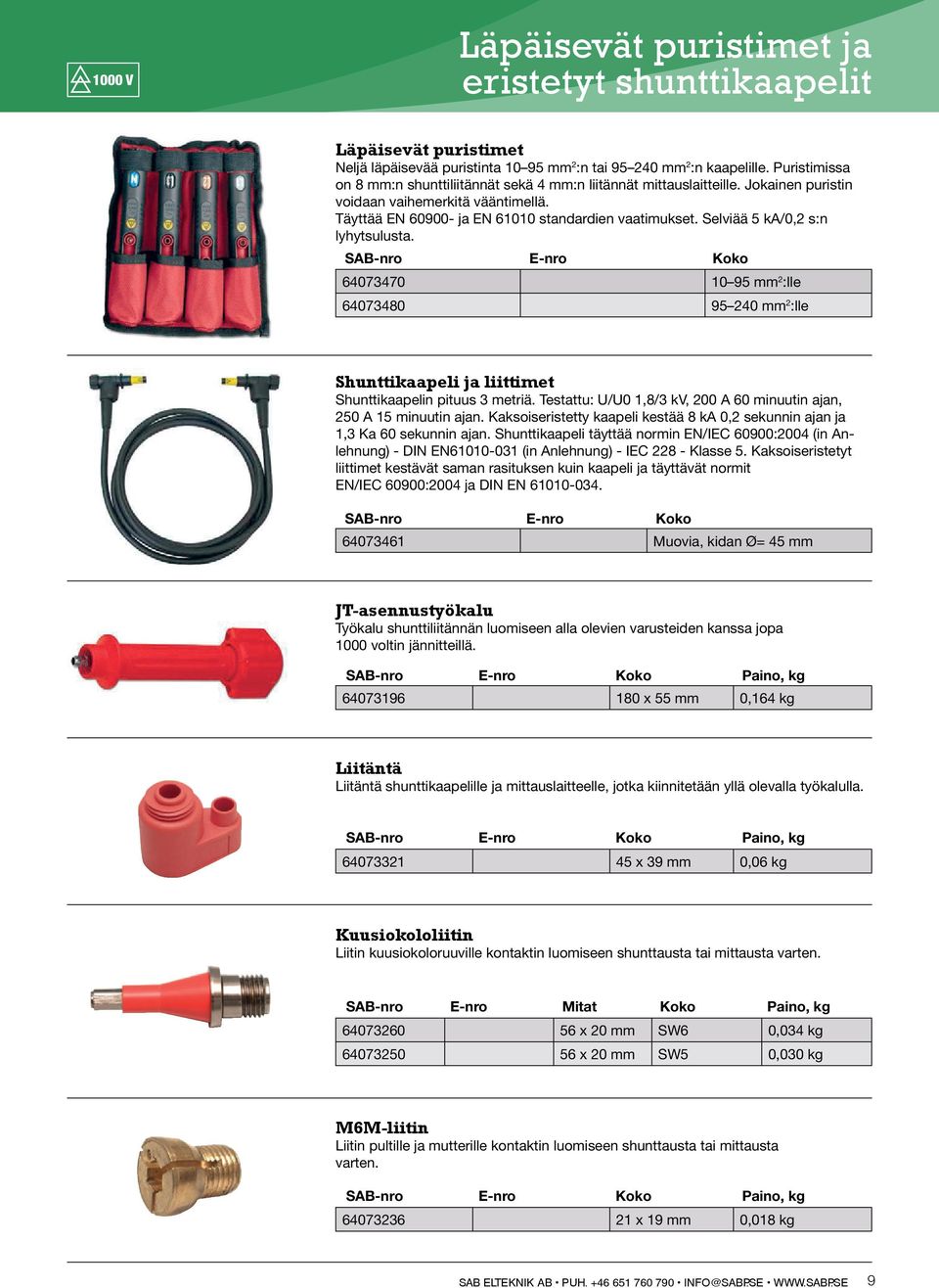 Selviää 5 ka/0,2 s:n lyhytsulusta. SAB-nro E-nro Koko 64073470 10 95 mm 2 :lle 64073480 95 240 mm 2 :lle Shunttikaapeli ja liittimet Shunttikaapelin pituus 3 metriä.