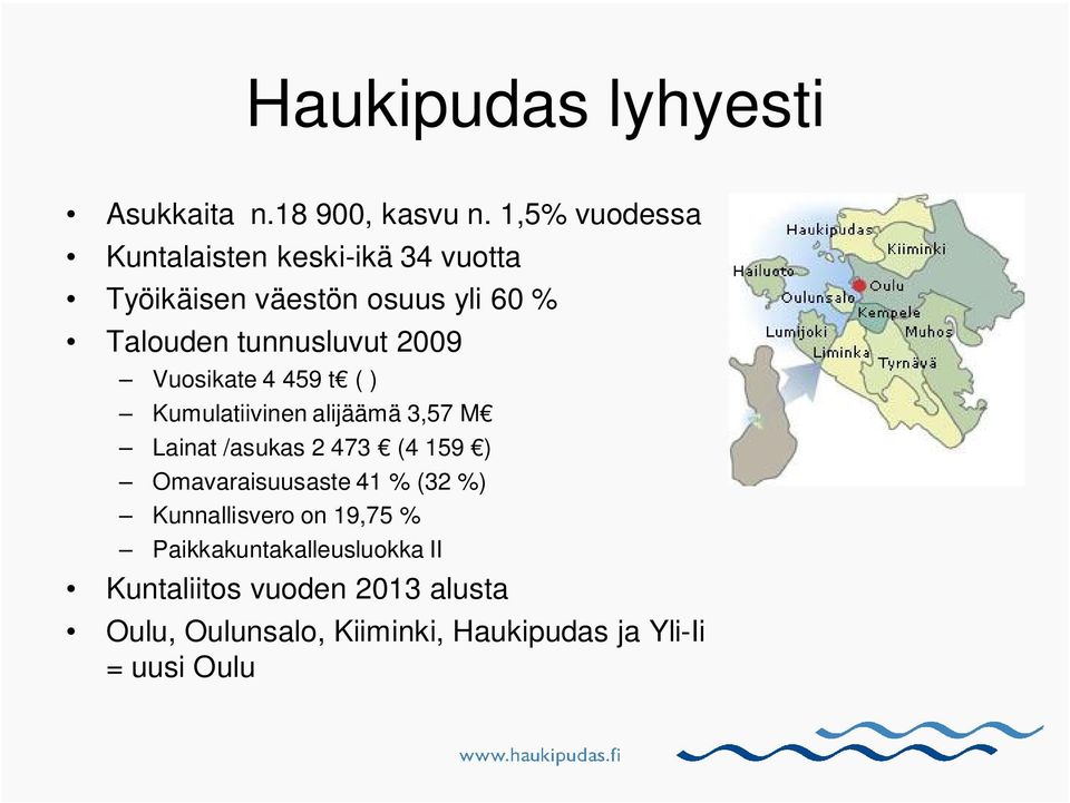 2009 Vuosikate 4 459 t ( ) Kumulatiivinen alijäämä 3,57 M Lainat /asukas 2 473 (4 159 )