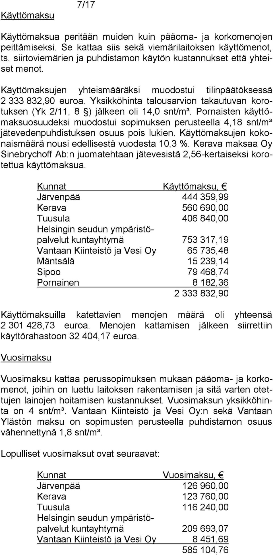 Yksikköhinta talousarvion takautuvan korotuksen (Yk 2/11, 8 ) jälkeen oli 14,0 snt/m³.