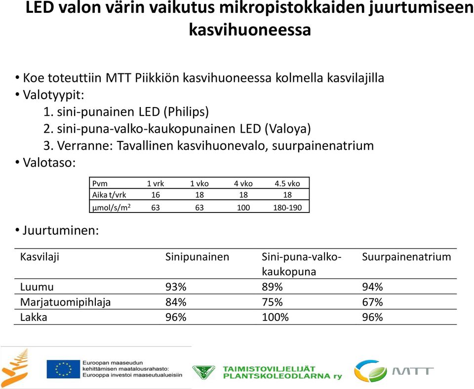 Verranne: Tavallinen kasvihuonevalo, suurpainenatrium Valotaso: Juurtuminen: Pvm 1 vrk 1 vko 4 vko 4.