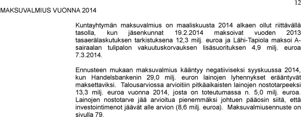 Ennusteen mukaan maksuvalmius kääntyy negatiiviseksi syyskuussa 214, kun Handelsbankenin 29, milj. euron lainojen lyhennykset erääntyvät maksettaviksi.