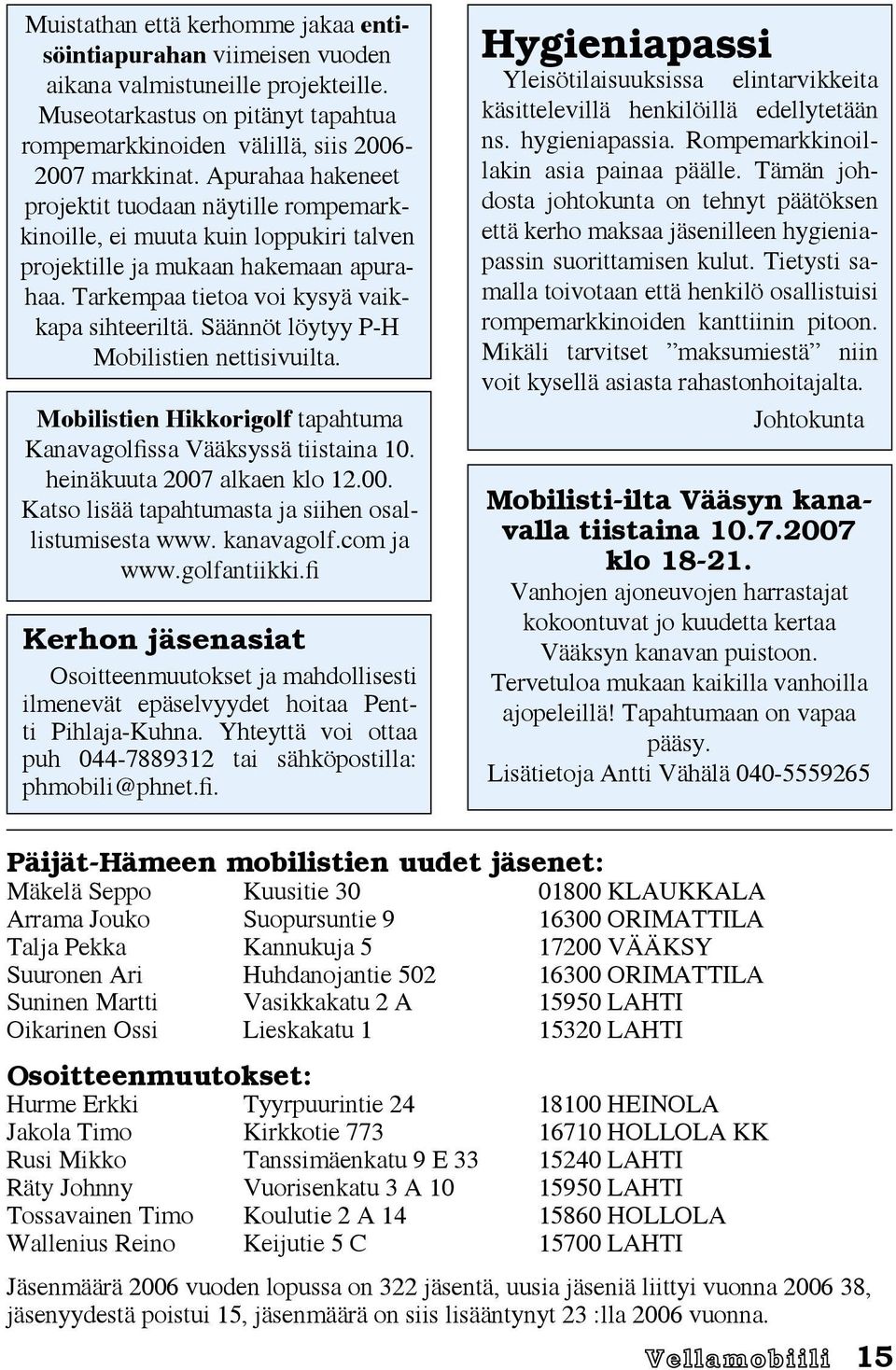 Säännöt löytyy P-H Mobilistien nettisivuilta. Mobilistien Hikkorigolf tapahtuma Kanavagolfissa Vääksyssä tiistaina 10. heinäkuuta 2007 alkaen klo 12.00. Katso lisää tapahtumasta ja siihen osallistumisesta www.