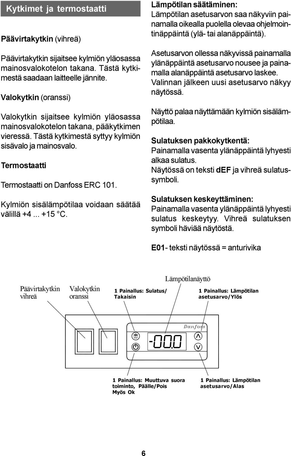 Termostaatti Termostaatti on Danfoss ERC 101. Kylmiön sisälämpötilaa voidaan säätää välillä +4... +15 C.